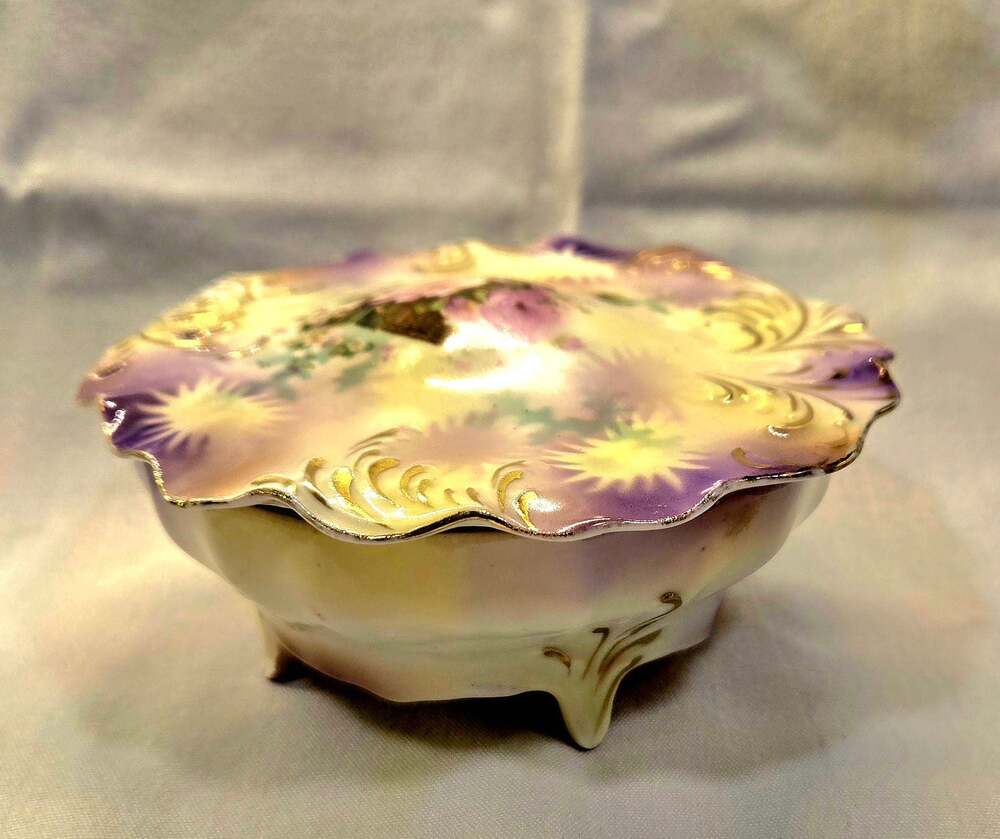 RS Prussia Antique Porcelain Footed Covered Trinket Box with Floral and Gold Acc